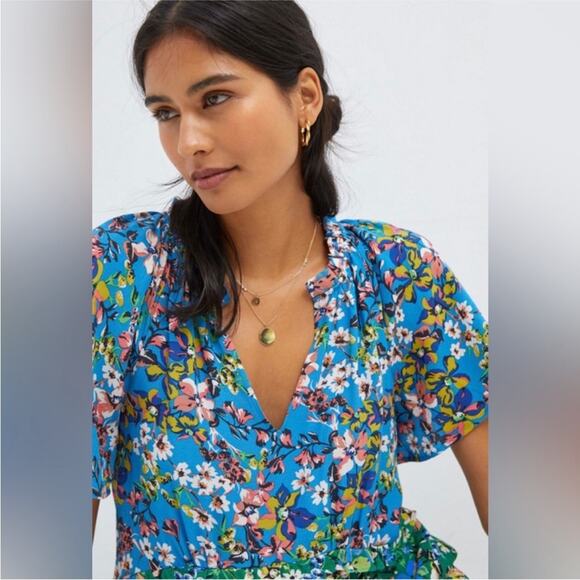 Anthropologie Robin Tiered Oversize Floral Flutter Sleeve Boho Mini Dress Small - Picture 2 of 10